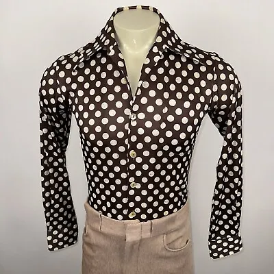 Vtg 60s 70s Disco Shirt Polka Dot Print Butterfly Collar Polyester Mens Small • $69.99