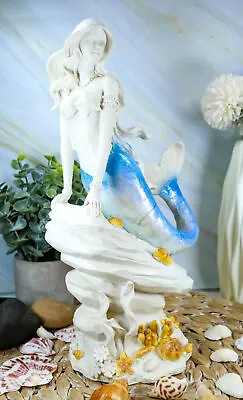 Ebros Capiz Blue Ombre Tail Mermaid Leaning On Rock By Sea Coral Reef Statue • $40.99