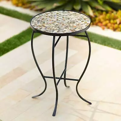 Modern Black Round Outdoor Accent Table 14  Wide Natural Mosaic For Porch Patio • $59.95