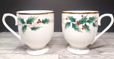 Mikasa Ribbon Holly China Footed Mugs Cups Gold Trim Christmas Holiday Set Of 2 • $21.25