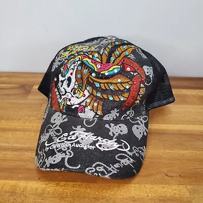 Vintage Y2K Ed Hardy Adjustable Snapback Trucker Hat Cap Skull Rhinestone Black • $20.96