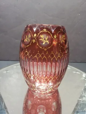 Antique Glass Vase Cranberry Cased Cut To Clear Gold Gilt Moser Karlsbad Signed • $379.95