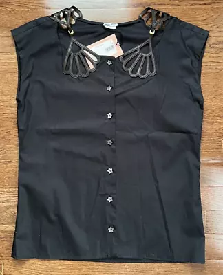 Miu Miu Black Blouse Leather Trim Sleeveless Button Up Size IT 40 / US 4 NWT • $249.99