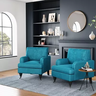 Teal Blue Velvet Armchair Foam Filled Single Sofa Chairs Wooden Legs Saddle Arms • £199.95