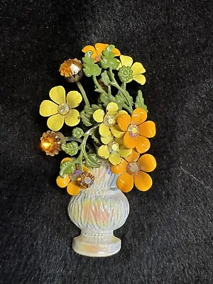 Vintage Crystal Brooch Enamel Vase. Yellow And Orange Clear AB Sparkling Stones • $32.95