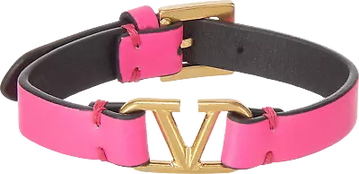 Valentino Garavani Pink / Gold V Logo Leather Bracelet One Size • £67.85