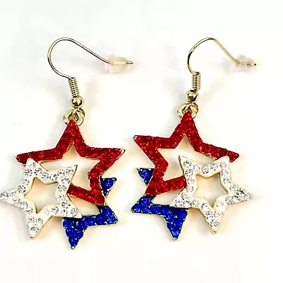 Patriotic Open Star Red White Blue Rhinestone Earrings American Bling Pre-owned • $14.99