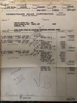 Kaiser-Frazer Antique Car Dealer Invoice Papers 1948 Renick Motors Roanoke Va • $25