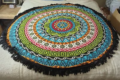 TerryCloth Medallion Scroll Design 60” Across Round Tablecloth Rug W/Fringe EUC • $20