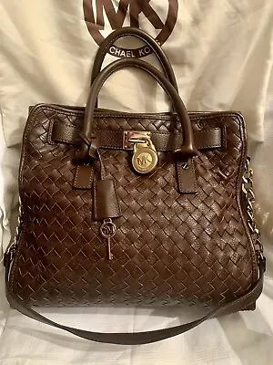 MICHAEL KORS LARGE HAMILTON WOVEN LEATHER DK BROWN TOTE BAG W/DUST BAG~Flawless! • $127