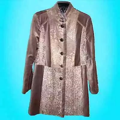 Chicos Sz 1 Mid-Length Velvet Coat Jacquard Tapestry Brocade Satin Lined Jacket • $65