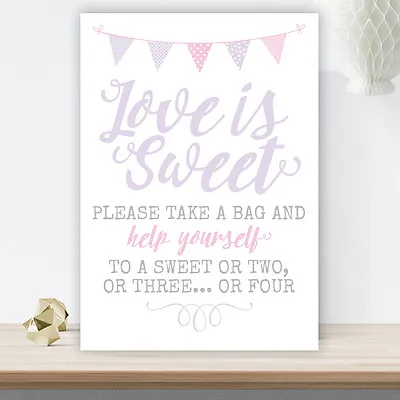 Lilac & Pink Bunting Love Is Sweet Table Sign Candy For Wedding Party (LIB3) • £4.40