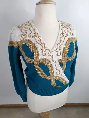 Vintage 80'S  Teal White Gold Metallic Bedazzled Puff Sleeves Sweater Large S3 • $25.18