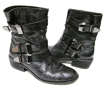 Makowsky Belted And Buckle Boots Leather Western Style Black Women's 7.5 M • $48.95