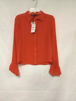 NWT Zara Red Long Bell Sleeve Button Down  Chiffon Top Women's S • $18.88