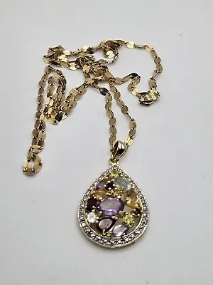 Sterling Silver Vermeil Multi Gemstone Teardrop Shaped Pendant Necklace • $74