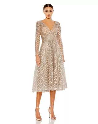 Mac Duggal Embellished Long Sleeve Wrap Over Dress Size 12 Taupe • $279.99