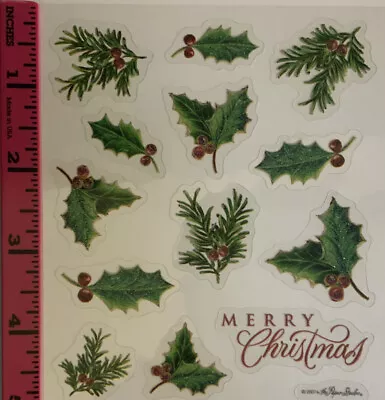 Merry Christmas Holly Pine Holiday Glitter Scrapbook Craft Stickers • $3.25