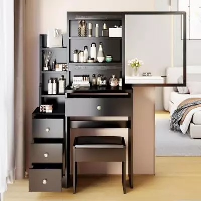 Vanity Desk Set With Large Sliding Mirror With 4 Drawer For Bedroom Dresser Desk • $127.99