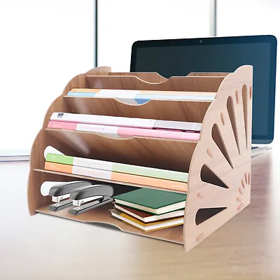 File Holder Wood Magazine Rack Desk Paper Organizer Office Organization 5 Slots • $19.86