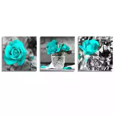 3 Piece Canvas Wall Art Teal Blue Rose Flowers Painting Decor For Any Room • $22