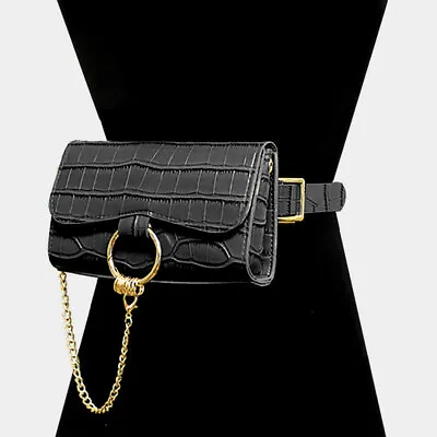 NEW Faux Black Croc Leather Convertible Waist Belt Clutch Fanny Pack Handbag • $27.95