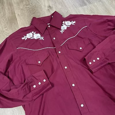 Ely Diamond Western Shirt Mens Medium Rose Embroidery Snap Cowboy Rockabilly • $32