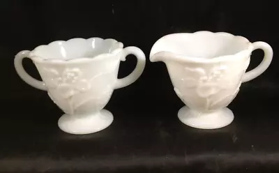 Vintage Milk Glass Footed Sugar Creamer Scalloped Rim Floral Blossom • $7.83