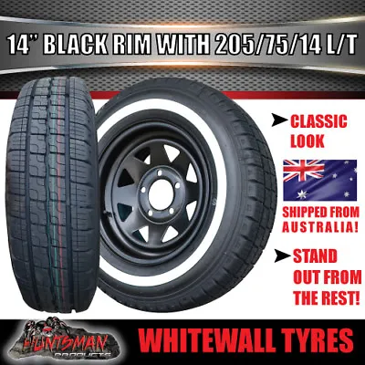 14X6 Black HQ Holden Sunraysia Rim & 205/75R14C Whitewall Tyre Trailer Caravan • $146