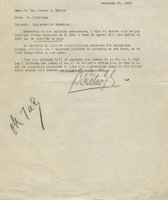 Thomas A. Edison - Memorandum Signed 12/27/1922 Co-signed By: Bruno Wolnitzky • $1200