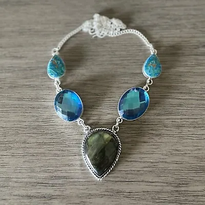 Labradorite Fire Topaz Necklace Vintage Style Silver Statement Jewelry 1034 • $14.99