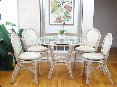 Denver Dining Set Of 4 Rattan Side Chairs And Round Table With Glass White Wash • $1492.50