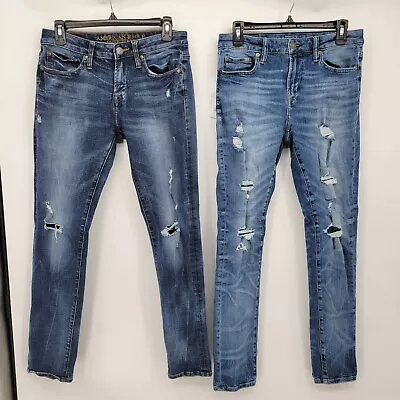 Lot Of 2 American Eagle Jeans Mens 30 X 32 Blue Denim Skinny Stretch Distressed • $34.99