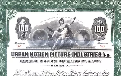URBAN MOTION PICTURE INDUSTRIES 1923 Stock Gold Bond Certificate ~ Urban Signs • $65