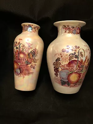 Masons England Patent Ironstone Fruit Basket Vases (2) Opalescent Finish Lovely! • $29.95