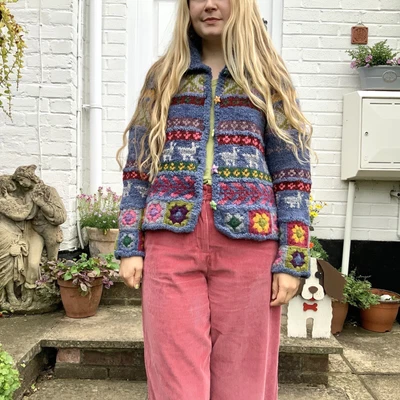 £135 • Buy Vintage Amano Cardigan Blue S/M Crochet  Wool Handknit Handmade Pachamama