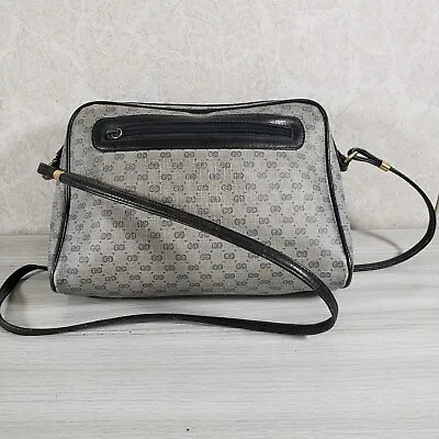 Gucci Micro GG Monogram Navy Blue/Gray Canvas Leather Crossbody Handbag Vintage • $120