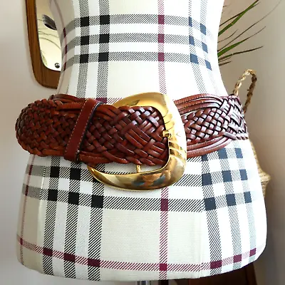 £29.99 • Buy Vintage Thick Woven Real Leather Tan Belt Chunky Brass Buckle Avion 70s Bohemian