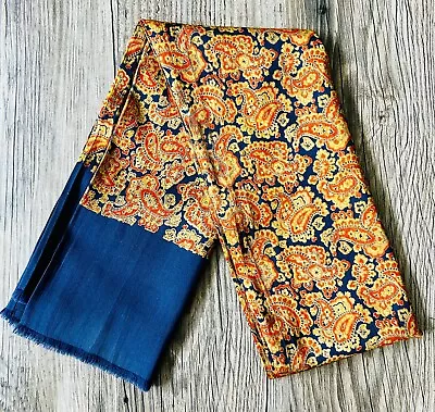 VINTAGE MEN’S 70's SCHUBERT MOD BLUE & ORANGE PAISLEY SILK  & WOOL LONG SCARF • £12.50