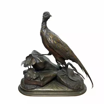 Jules Moigniez Bronze Pheasant Bird Amongst Lily Pads & Rocks Sculpture • $2999.99