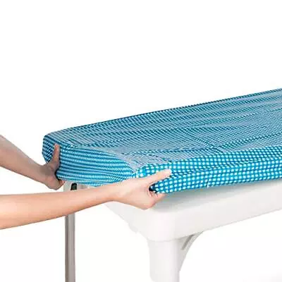 Picnic Tablecloth Blue Checkered Elastic Table Cloth On The Corner For Folding T • $17.21