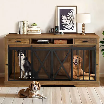 63'' Indoor Wooden Dog Kennel Dog Crate Furniture TV Stand With Charging Station • $265.99