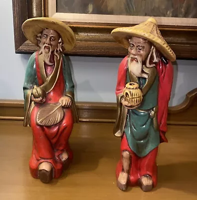 2 Vintage Antique 9” TALL Chinese Mudmen Ceramic Figurines • $24.99