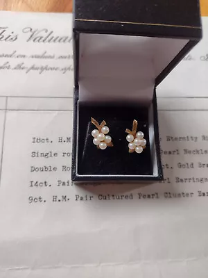 Earrings 9ct Gold Cultured Pearl Cluster With Authentification • £85