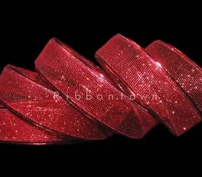 5 Yards Christmas Red Glitter Grid Mesh Web Net Netting Wired Ribbon 1 1/2 W • $4.50