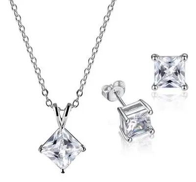 Silver Princess Cut Cubic Zirconia Jewelry Set: Necklace&Earring • $11.99