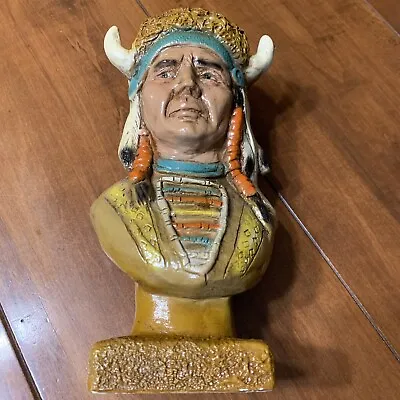 Vtg.  Indian Chalkware Bust Head Native American Buffalo Head Dress Plaster 9.5  • $76.94