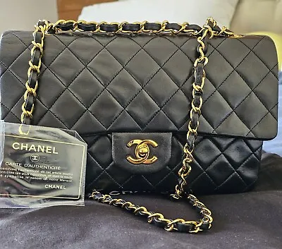 Vintage Classic Chanel Double Flap Medium Black Lambskin Gold Tone Hardware Bag • $7200