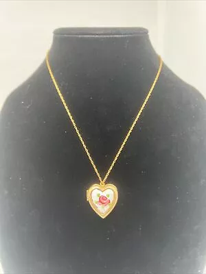 Vintage 18 Inch Guilloche Rose Heart Locket On Gold Filled Chain • $24