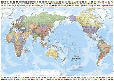 (FOLDED) MAP OF THE WORLD (70x100cm) POSTER PACIFIC AUSTRALIA CENTERED FLAGS • $9.95